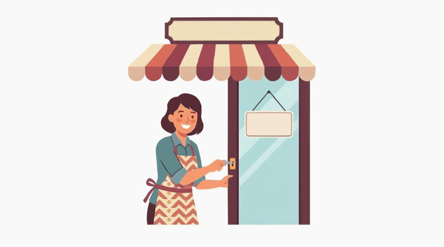 Smiling shop owner in front of her store, inviting customers with open door