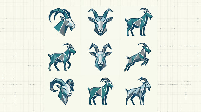 Set of abstract geometric goat and ram illustrations.