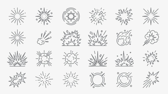 Set of hand drawn explosion and blast effect doodle icons.