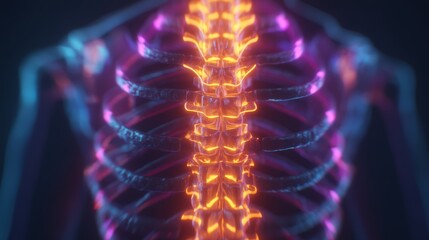 Fototapeta premium A glowing, neon-colored digital rendering of a human spine and ribcage, highlighting the vertebrae with vibrant orange and purple light effects.