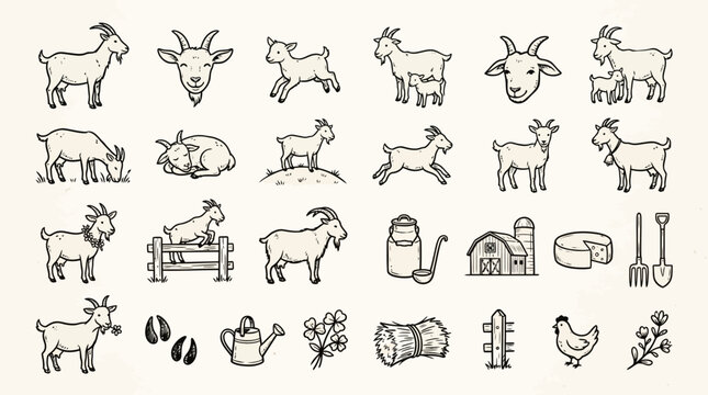 Set of hand drawn goat icons and farm elements collection.