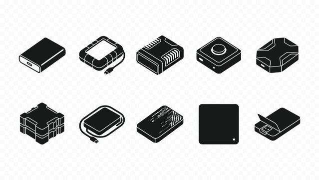 Solid black icon set of isometric boxes perspective shapes and 3d cubes for geometry abstract math blocks