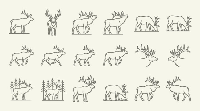 Set of minimalist deer icons and elk line art illustrations.