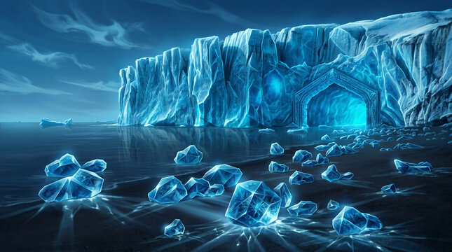 Epic Digital Illustration of a Majestic Glacier Wall with Crystal Clear Geometric Ice Blocks in Deep Glowing Blue