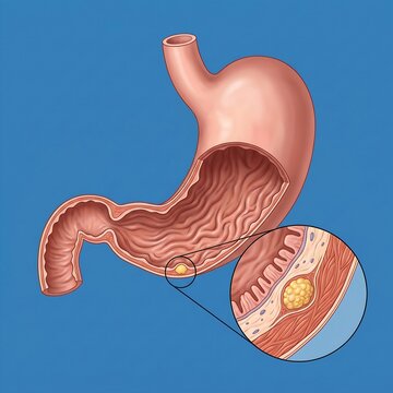 Heterotopic Pancreas (Ectopic Tissue): A detailed illustration of the stomach antrum showing a small, firm, yellowish nodule within the wall, symbolizing an ectopic growth of pancreatic tissue in the 