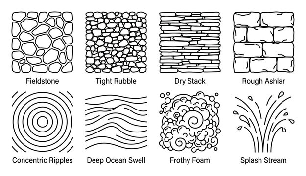 Textures illustrating stone patterns fieldstone tight rubble dry stack rough ashlar and natural elements.
