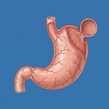 Gastric Diverticulum (Outpouching): A detailed illustration of the stomach showing a distinct, pouch-like sac (diverticulum) protruding from the outer wall, typically near the fundus. Blue background.