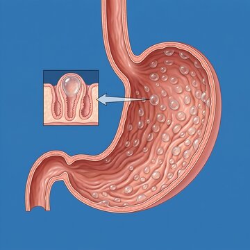 Fundic Gland Polyps: A detailed view of the stomach fundus covered with numerous small, translucent, and smooth-surfaced polyps, symbolizing common fundic gland polyps. Blue background., 1:1 ratio.