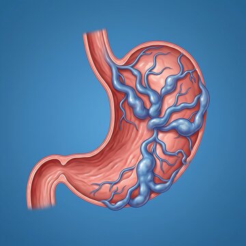 Gastric Varices (Enlarged Veins): A highly detailed view of the stomach's fundus showing large, tortuous, and bulging blue veins (varices) just beneath the surface of the mucosa, symbolizing portal hy