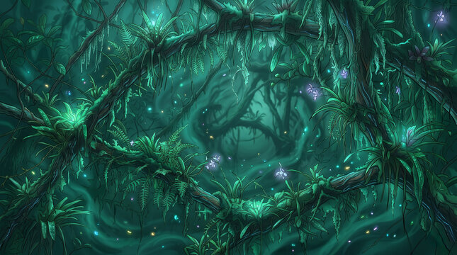 Magical Illustration of a Mystical Cloud Forest Canopy with Glowing Epiphytes and Swirling Bioluminescent Mist