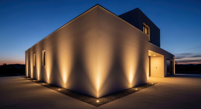 Warm Uplighting Highlights Modern Architectural Exterior of a Home at Dusk
