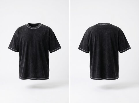 Stylish charcoal grey acid-washed short-sleeve tee, presented front and back, highlighting its grunge aesthetic and comfortable oversized design