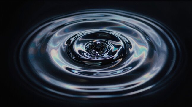 Abstract iridescent glass rings rippling with light dispersion and reflection on a black background