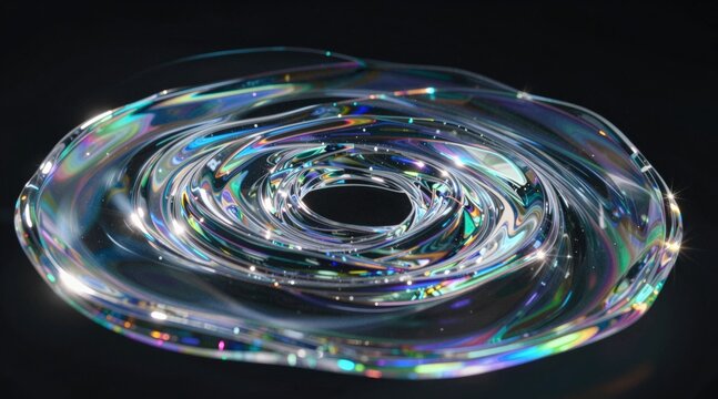 Abstract iridescent glass rings rippling with light dispersion and reflection on a black background