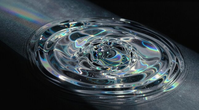 Abstract iridescent glass rings rippling with light dispersion and reflection on a black background