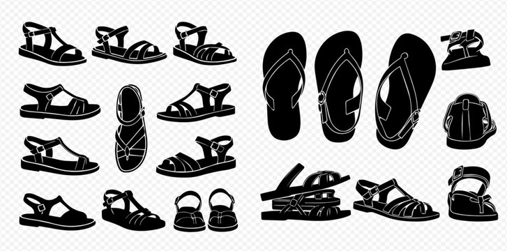 Collection of various black silhouettes of sandals and flip-flops, isolated on a transparent background, perfect for summer fashion and footwear designs.
