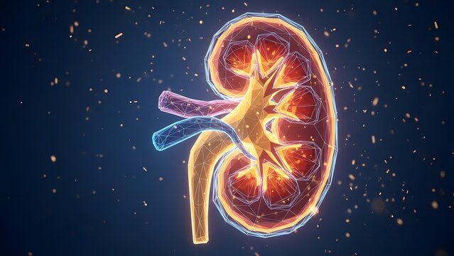 World Kidney Day Abstract visualization of the human kidney, highlighting its intricate internal structure with vibrant, glowing internal organs against a dark, starlit background