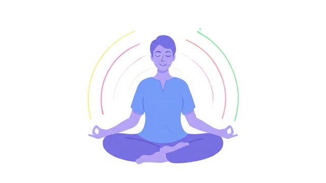 Flat Illustration of Person Meditating in Lotus Pose with Radiating Energy Aura, Zen Mindfulness Concept Animation