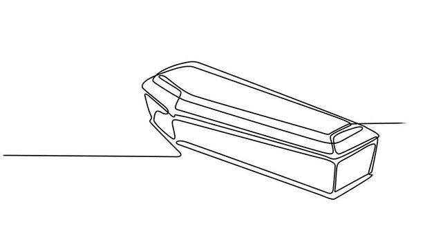 Continuous single line of wooden coffin animation video horror funeral graveyard halloween concept one line vector illustration.  Full length single.