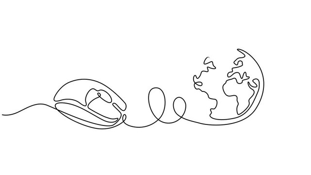 Self drawing line animation Computer mouse connected to a globe continuous one single line drawn concept video