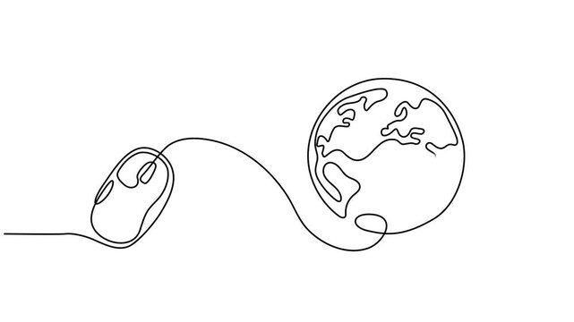Self drawing line animation Computer mouse connected to a globe continuous one single line drawn concept video