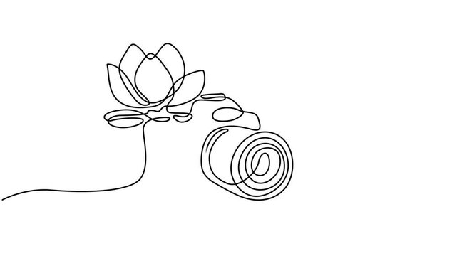 professional camera  with Magnolia flower in continuous animation line style. Photo line icon minimalistic, Video. One continuous editable line drawing of a professional camera, Full length single.