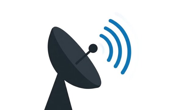 Satellite dish antenna emitting blue wireless signal waves animation. Flat design communication, broadcasting, and technology concept on white background.
