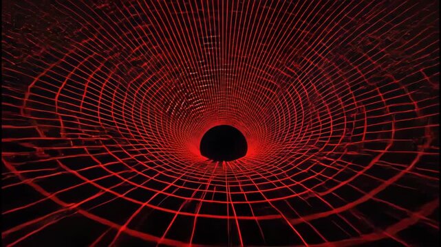 A red grid pulls inward towards a black void in a distorted, three-dimensional space