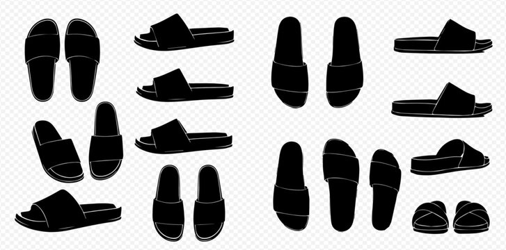 Set of black slipper silhouettes, various angles and views, comfortable footwear for home or casual wear.