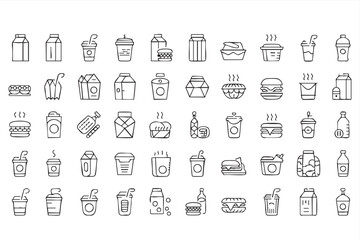 Fototapeta premium Black and White Food Packaging Icon Set for Restaurant Takeaway and Delivery Design