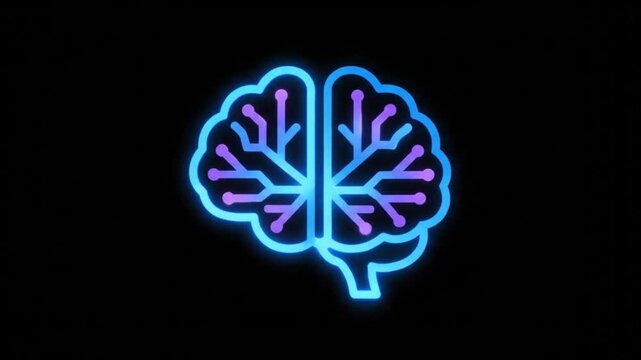 Animated Neon Glowing Human Brain Icon Pulsing on Black Background, Artificial Intelligence and Machine Learning Concept