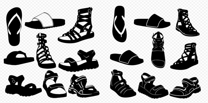 Collection of various summer footwear silhouettes including sandals, flip-flops, and sliders for men and women.