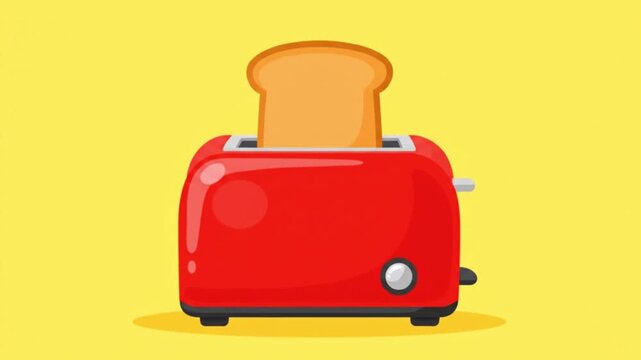 2D Cartoon Red Toaster Animation with Bread Popping Up and Steam, Flat Vector Style on Yellow Background