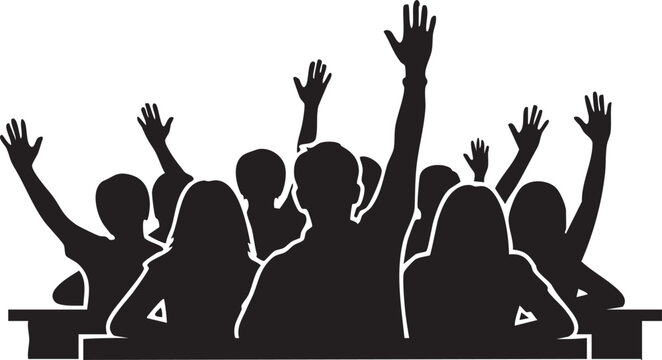 Raised Hands, Classroom Setting, Students Silhouette, Educational Vector Icons