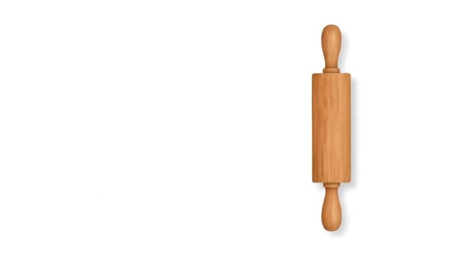 Animated Wooden Rolling Pin Moving Across White Background, Isolated Kitchen Utensil for Baking and Cooking