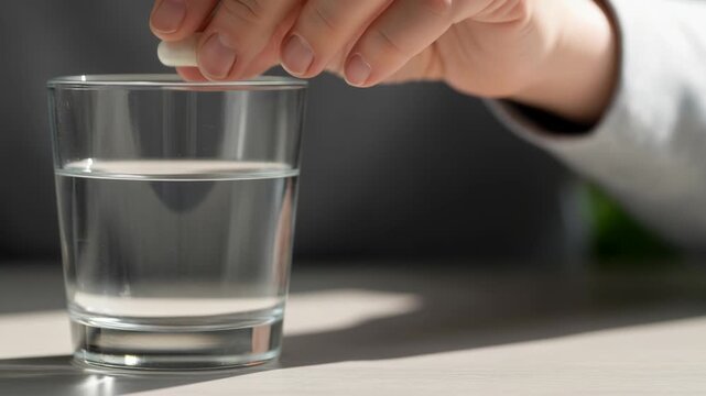 Hand holding pill with glass of water for hypertension treatment medication health care concept therapy drug liquid dose prevention cure