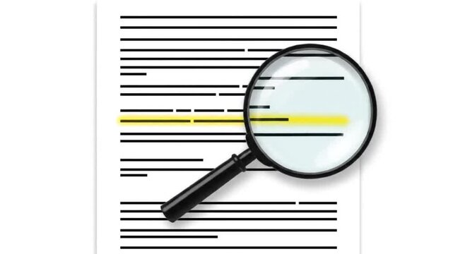 Magnifying glass scanning document with highlighted text animation representing research, audit, and legal review concepts.