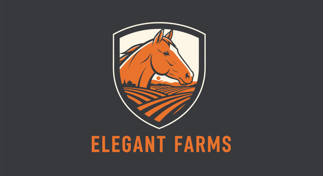 Elegant Farms Horse Emblem with Agricultural Field.