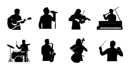 Musician Silhouettes Collection: Guitarist, Singer, Violinist, Pianist, Drummer, Saxophonist, Cellist, Conductor Vector Icons © MdFarhan