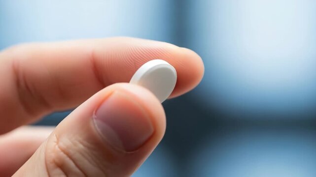 White pill hypertension medication held between hand and finger close up vdo showing healthcare treatment concept for effective management