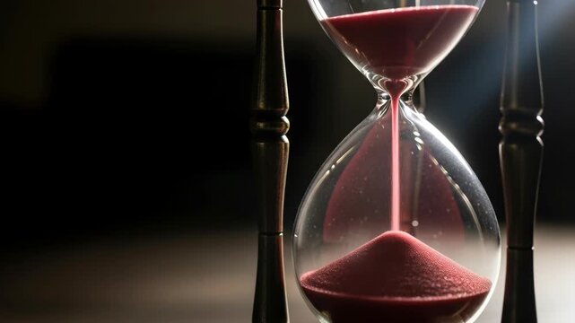 Hourglass red sand flowing through glass shows time passing countdown measurement vintage concept patience urgency managing hypertension for better