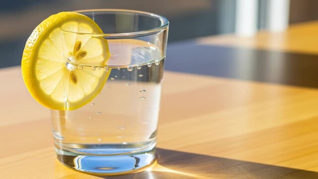 Glass Water Lemon Slice Drink Refreshing Hydration Healthy Citrus Beverage Clear Transparent Liquid Fresh Natural Vitamin Summer Wellness Table