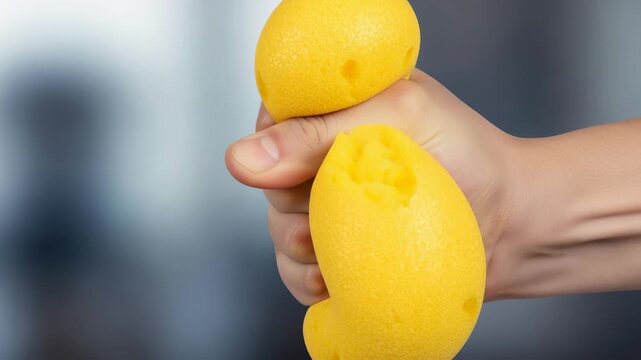 Hand squeezing fresh yellow lemon citrus to extract juice for hypertension relief natural remedy stress and healthy lifestyle care