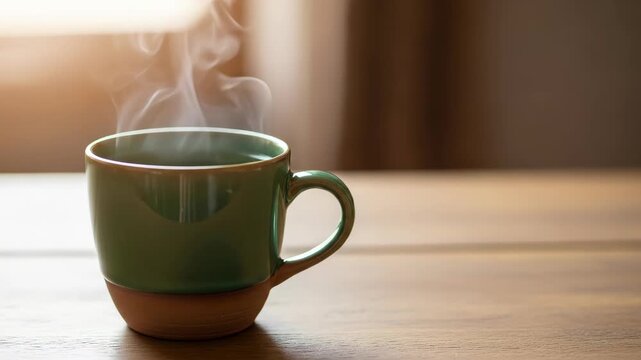 Steaming hot green ceramic cup with steam on wooden table drink offers calm comfort relief managing hypertension warm light background
