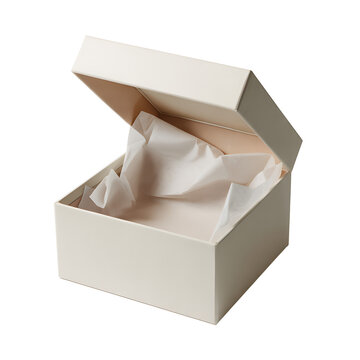Empty open gift box with white tissue paper inside on checkered background.