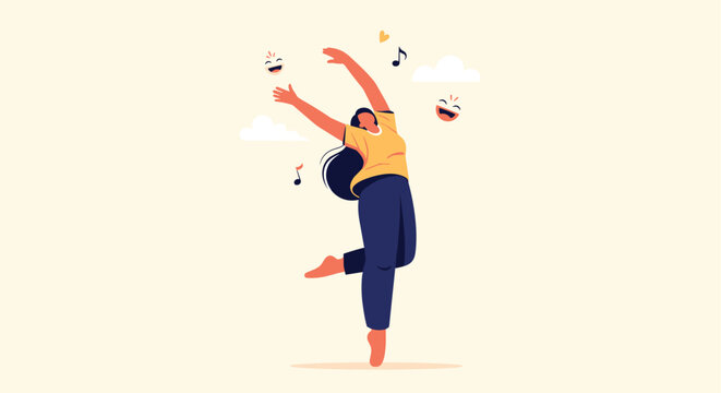 Happy woman dancing with her arms raised in the air surrounded by music notes and smiling emoji symbols on a soft peach background.
