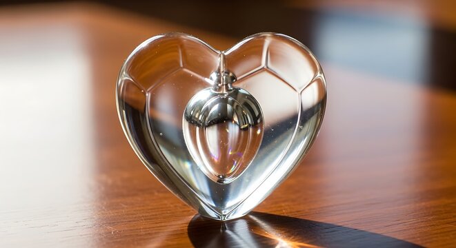 Heart shaped glass paperweight on table.