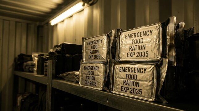 Emergency food rations in metallic foil packaging stacked on shelves, indicating long-term storage for survival preparedness.