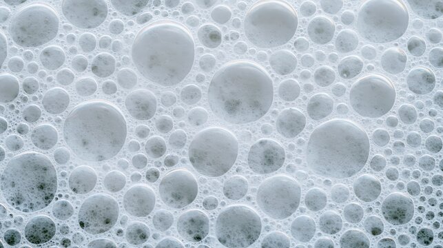 Close-up of numerous white soap bubbles clustered together with varying sizes and translucent textures.