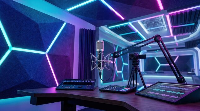 Modern recording studio setup with integrated neon lighting and professional microphone